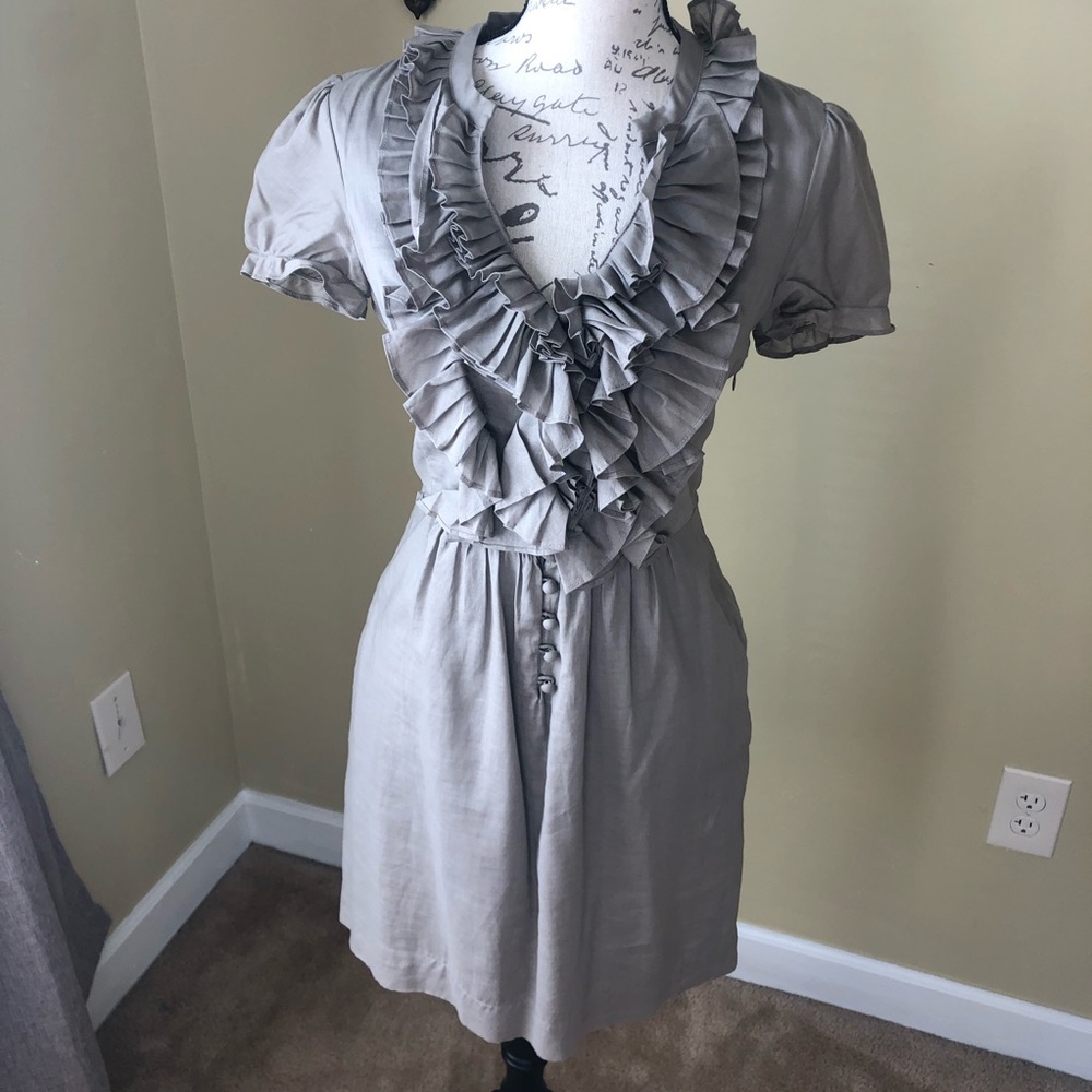 Bcbg taupe ruffle dress